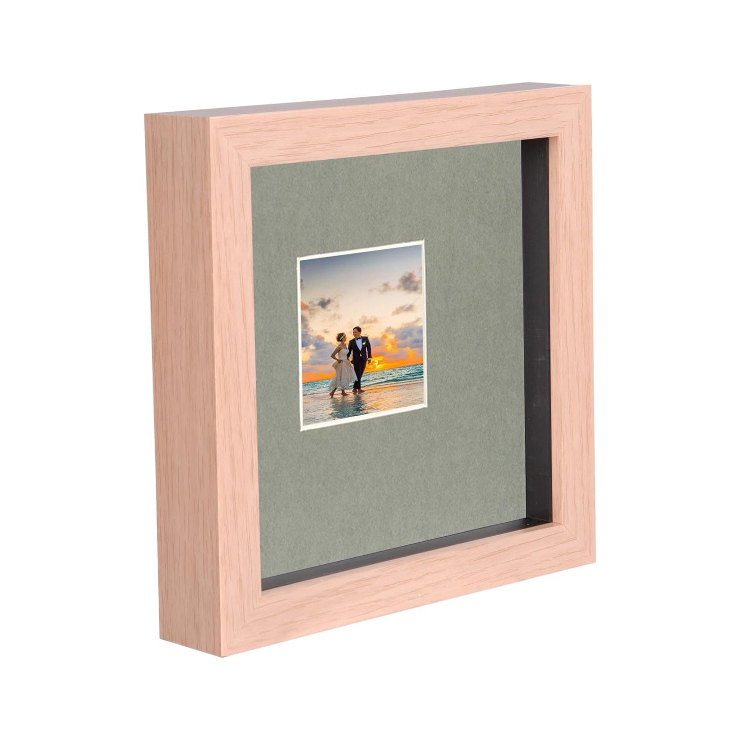 6 x 6 Light Wood 3D Deep Box Photo Frame - with 2 x 2 Mount
